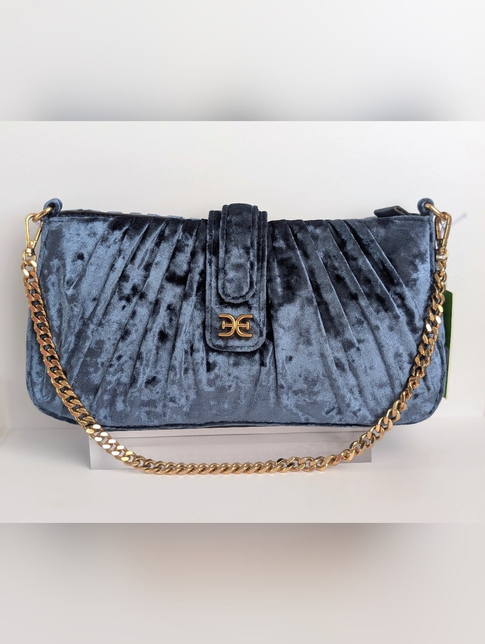 NWT Sam Edelman Blue Gray Crushed Velvet Shoulder Bag Gold Chain MSRP $145